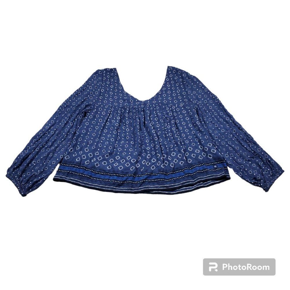 Abercrombie Long Sleeve Peasant Style Blouse Geometric Print Blue Size XS